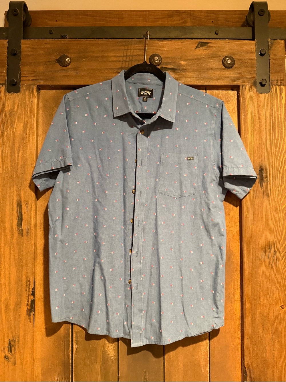Billabong Light Blue Short-Sleeve Button-Down with Pink Dot Print